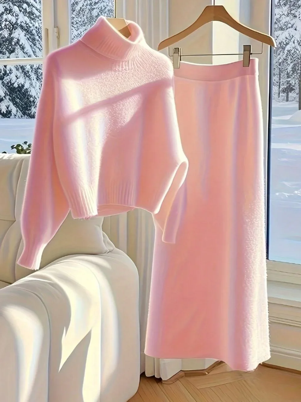 Pink Casual Women's High Neck Knit Sweater top  & skirt 2 piece set